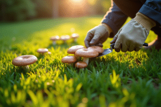 Jardinier en gants retire des champignons sur la pelouse