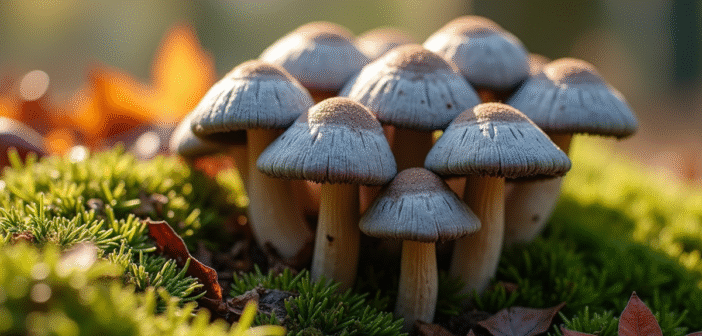 Gros plan sur des chanterelles grises dans la mousse