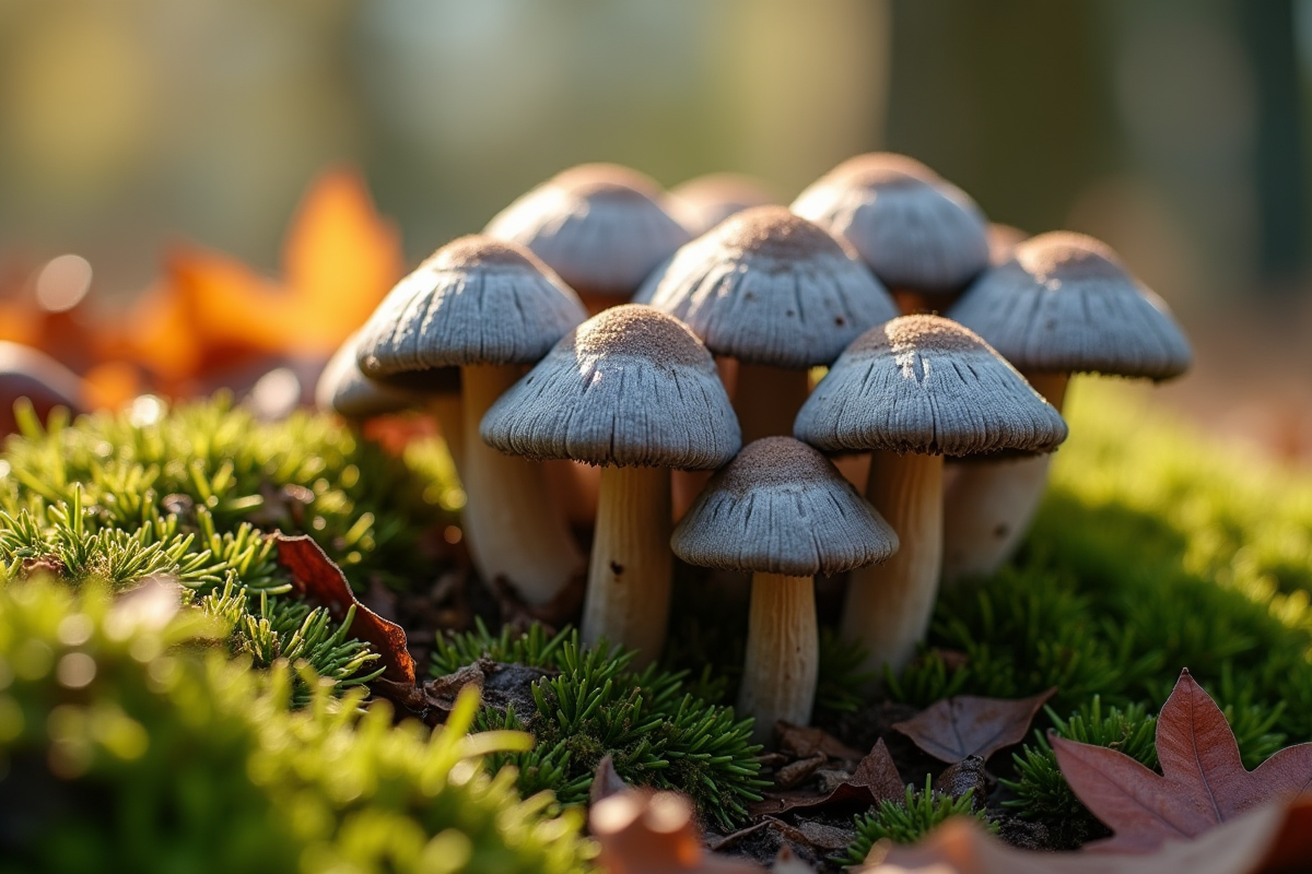 Gros plan sur des chanterelles grises dans la mousse