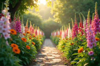 Sentier de jardin avec fleurs foxgloves et freesias en plein jour
