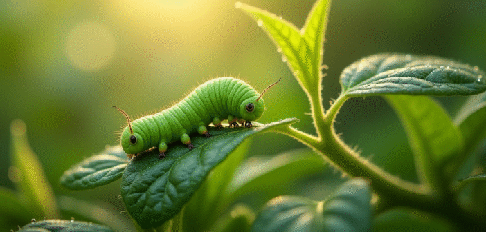 Chenille sphinx verte sur feuille de tomate en jardin