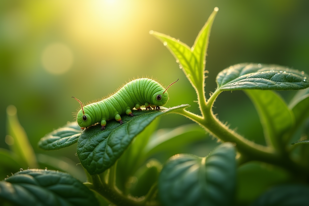 Chenille sphinx verte sur feuille de tomate en jardin
