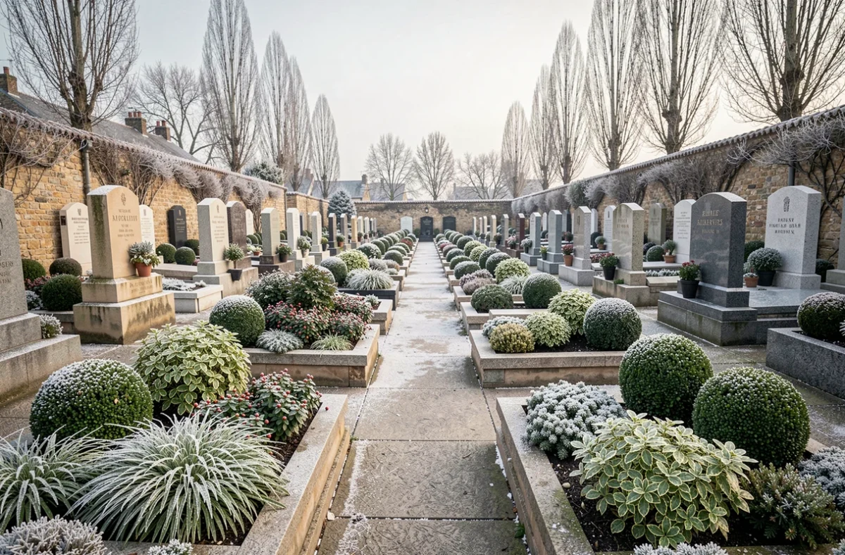 Vue large d'un cimetière de village français en hiver avec des tombes ornées de plantes persistantes givrées, buis et skimmia