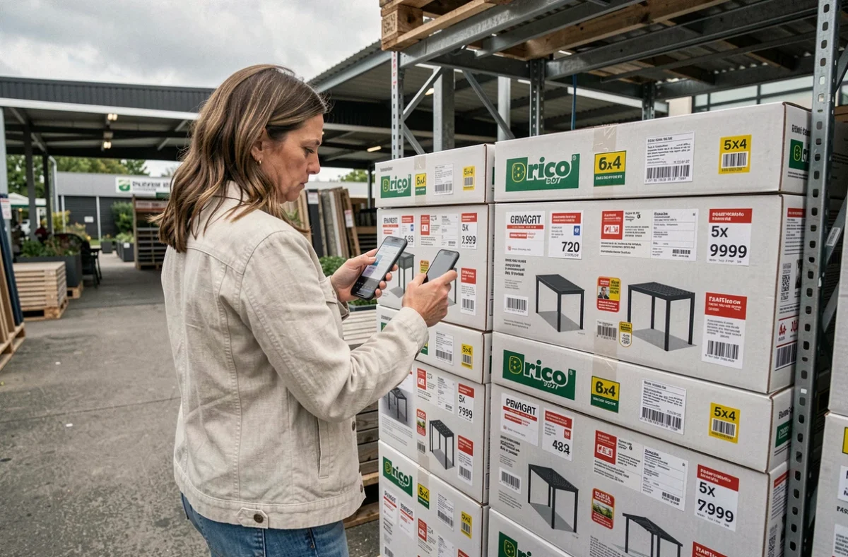 Femme vérifiant les étiquettes et les références d'une pergola 5x4 en rayon Brico Dépôt avant achat