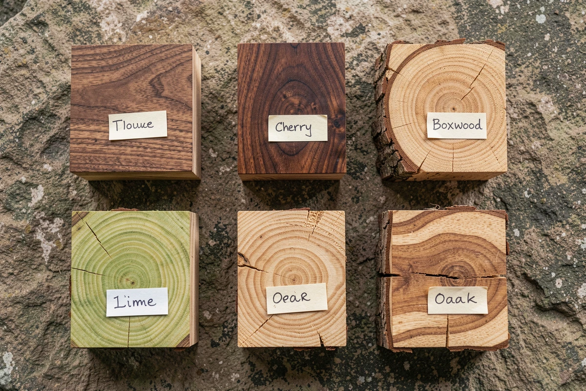 Comparaison d'essences de bois pour la sculpture fine : noyer, buis, cerisier, tilleul, poirier et chêne