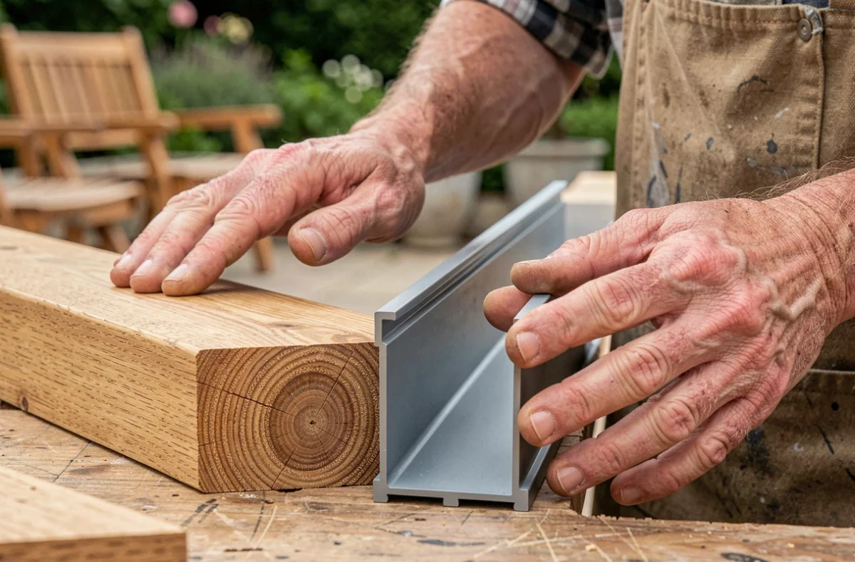 Comparaison entre un échantillon de bois et un profil en aluminium pour pergola, avec les mains d'un artisan