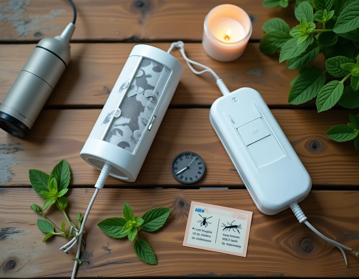 Comparaison de deux modèles d'attrape-moucherons sur une table de jardin en teck avec accessoires répulsifs naturels