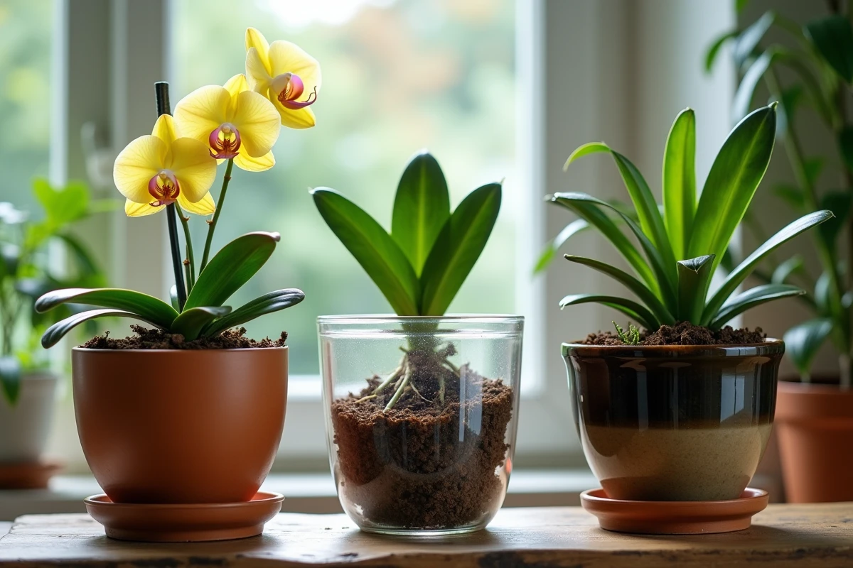 Comparaison de trois types de pots pour orchidées dont un mauvais pot sans drainage causant des racines pourries