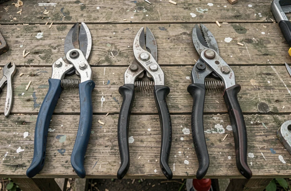 Comparaison de trois types de coupe-branches élagueurs posés sur un établi en bois : bypass, enclume et à cliquet
