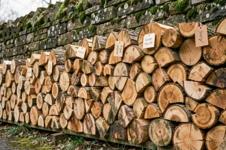 Comparaison de bûches d'albizia, chêne, hêtre et frêne empilées côte à côte contre un mur en pierre