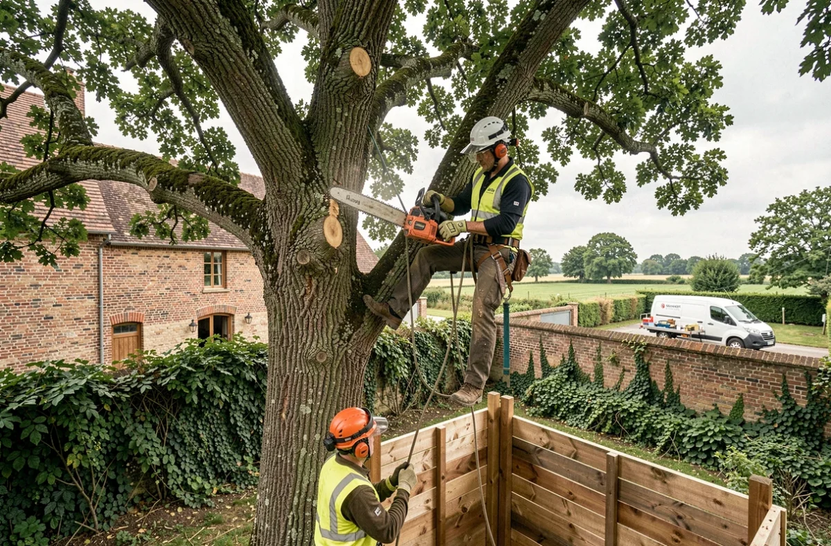 Arboriste professionnel de Concept Elagage et Clôtures élagant un chêne en hauteur avec harnais de sécurité pendant qu'un collègue pose des clôtures en bois au sol.