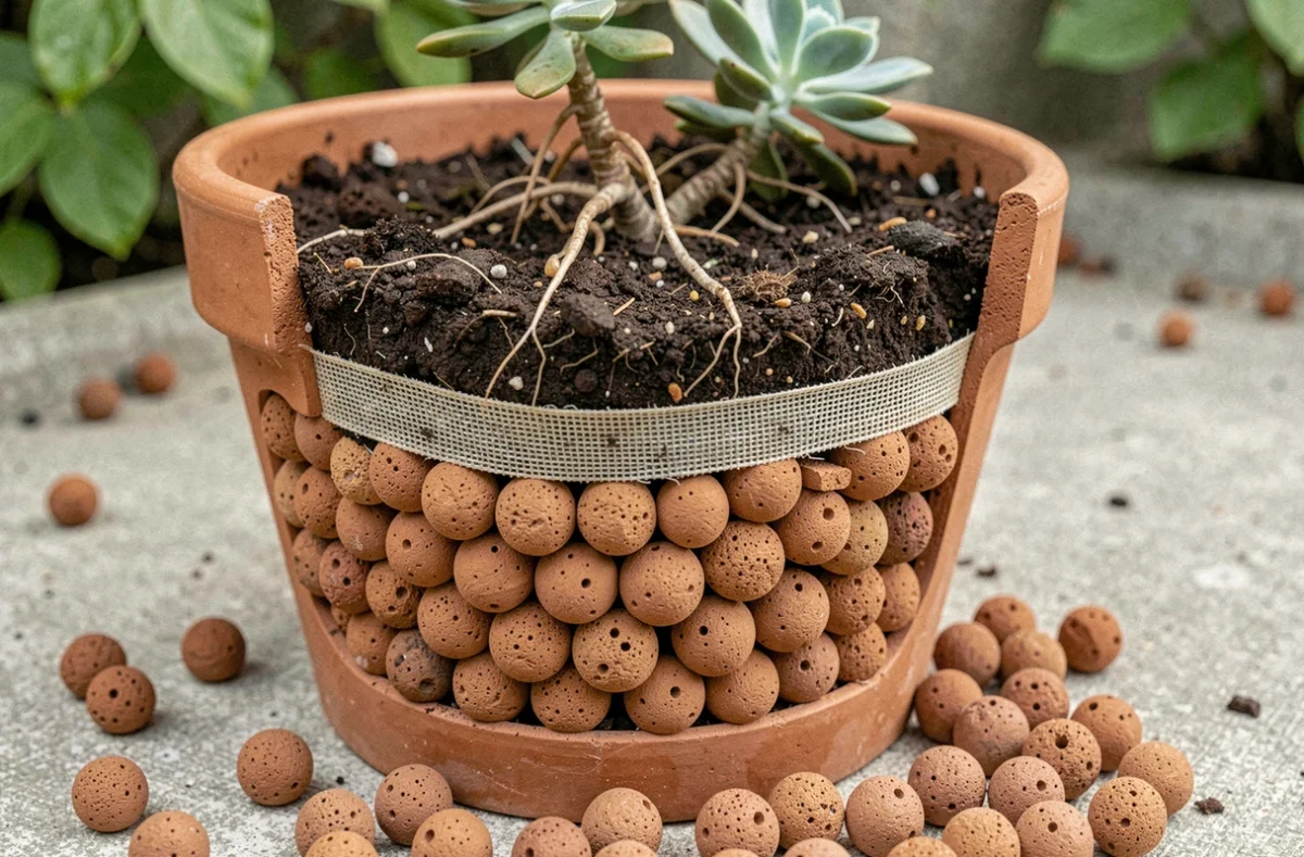 Coupe transversale d'un pot montrant une couche de drainage en billes d'argile sous la terre et les racines d'une succulente