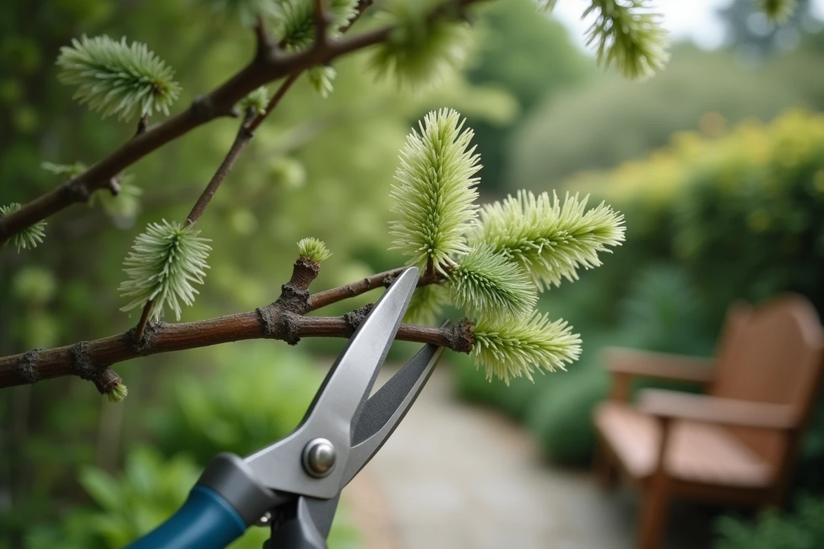 Gros plan sur la coupe d'une branche de mimosa avec un sécateur de jardin
