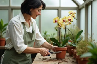Femme coupant une hampe florale d'orchidée fanée avec un sécateur propre sur un établi de jardinage en bois