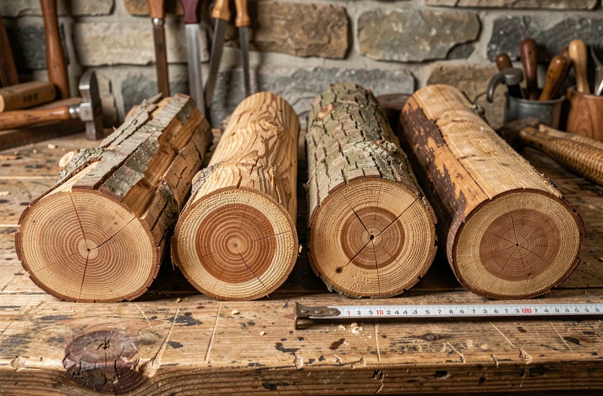 Coupes transversales de bûches d'albizia, chêne, hêtre et frêne montrant les cernes annulaires et la texture du bois