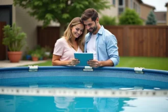 Jeune couple souriant près d'une piscine hors sol en jardin