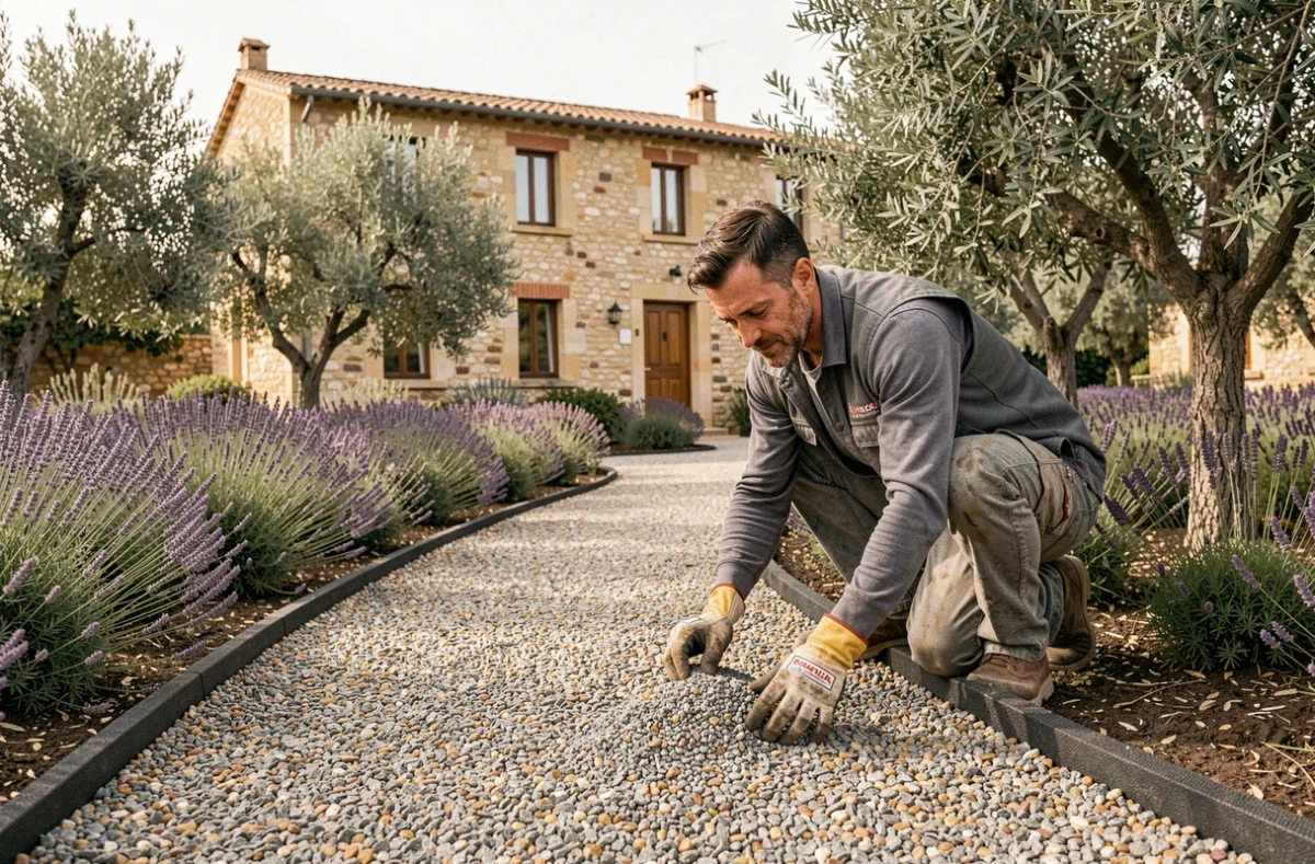 Installateur Daniel Moquet posant une allée décorative en gravier devant une maison de caractère en Occitanie