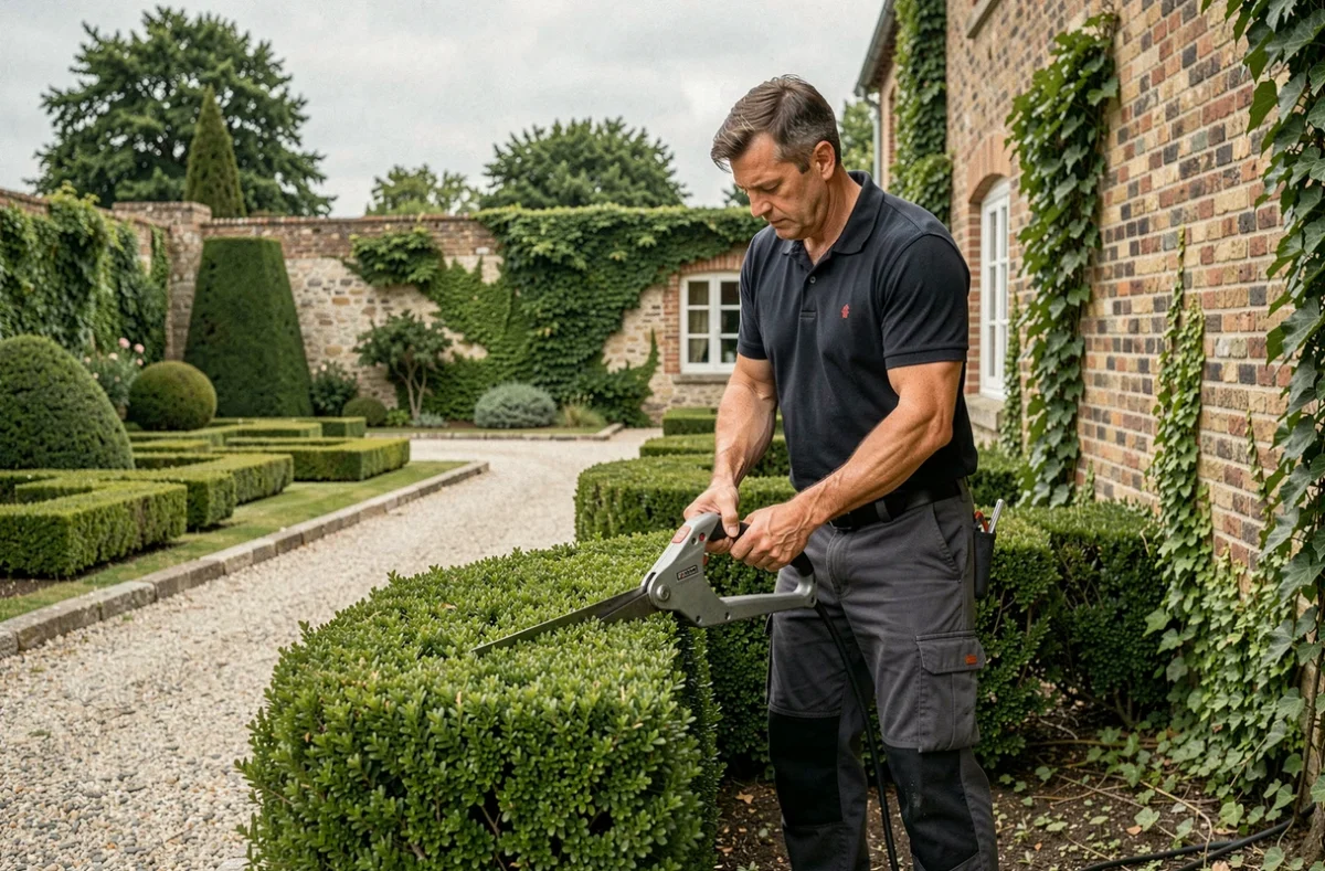 Le paysagiste David Nigot taillant avec précision une haie ornementale dans un jardin résidentiel établi des Hauts-de-France avec murs en brique et allée en gravier.