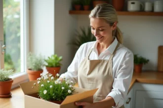 Femme déballant des plants de fleurs reçus dans un colis en carton sur un plan de travail en bois avec des pots en terre cuite