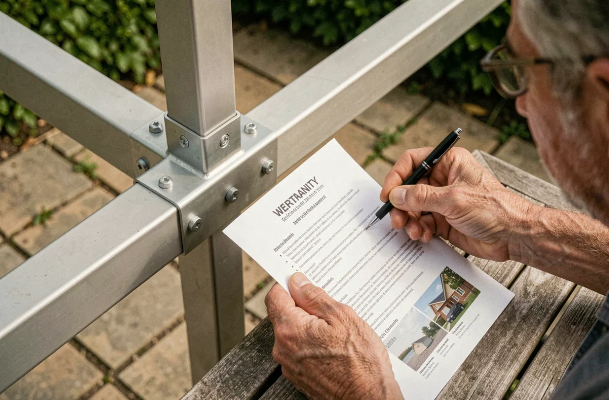 Détail d'une jonction de pergola aluminium 5x4 avec brochure SAV et document de garantie