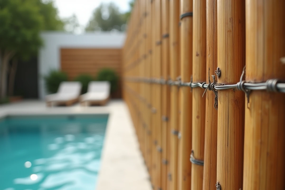 Détail d'un panneau brise vue en bambou tissé pour clôture de piscine avec reflets de l'eau en arrière-plan flou