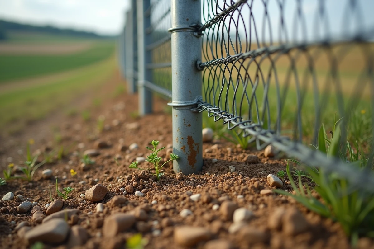 Détail de la base de piquets de grillage plantés sans ciment sur terrain en pente, avec gravier compacté autour des poteaux métalliques enfoncés dans la terre