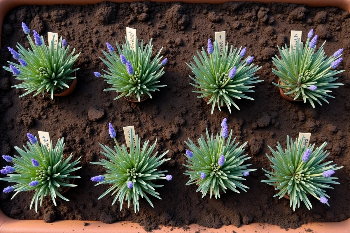 Vue aérienne de plants de lavande espacés régulièrement dans un carré de jardin potager structuré