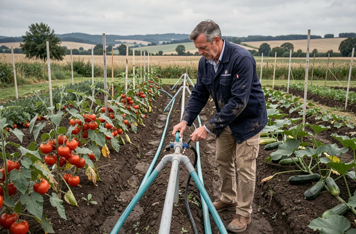 Technicien d'Eau et Technique 82 réglant un système d'irrigation goutte-à-goutte dans un potager du Tarn-et-Garonne