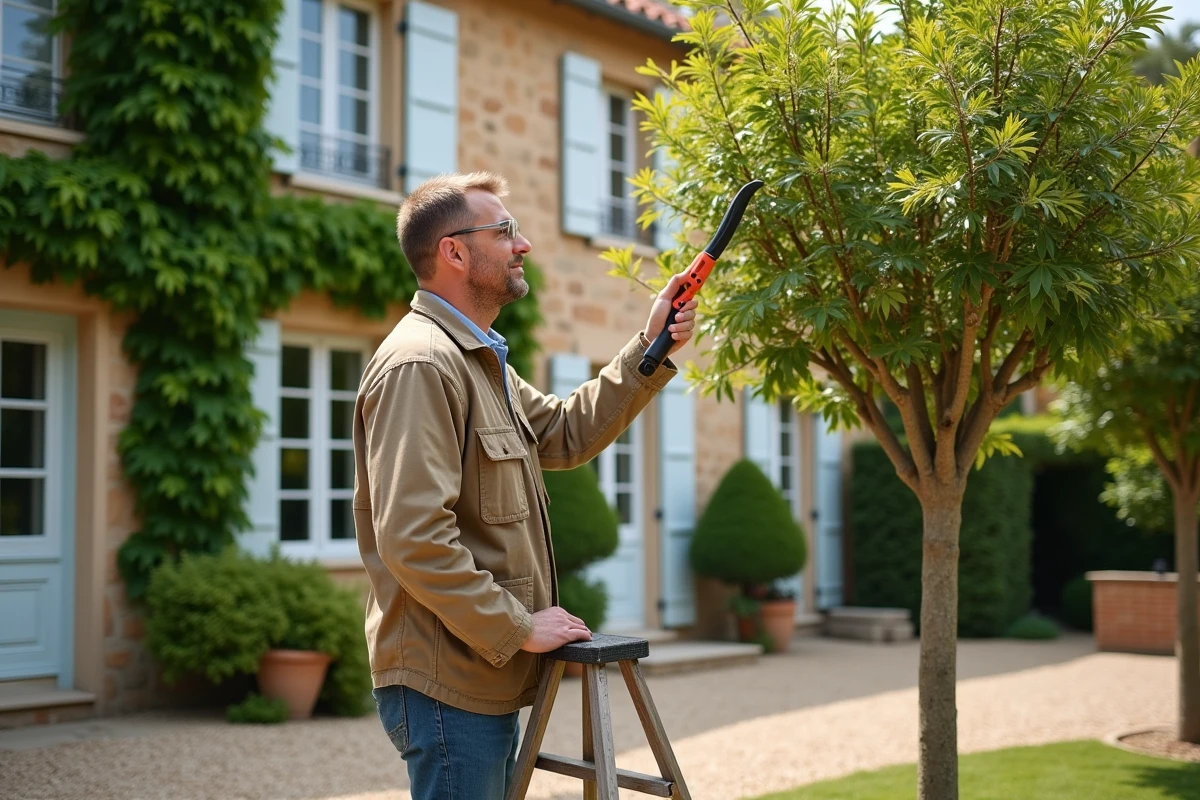 Homme sur un escabeau qui élague les branches hautes d'un mimosa dans une ferme du sud de la France