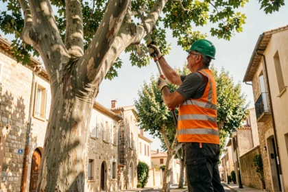 Élagueur professionnel en train d'élaguer un grand platane dans une rue résidentielle d'Aix-en-Provence