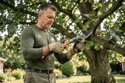 Élagueur professionnel utilisant un coupe-branche robuste pour tailler une grosse branche de chêne dans un jardin arboré