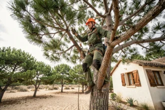 Arboriste professionnel en train d'élaguer un pin maritime dans un jardin résidentiel à Sanguinet