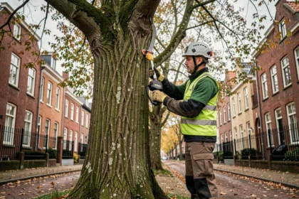 Élagueur professionnel en tenue de sécurité taillant un grand arbre dans une rue résidentielle de Lille
