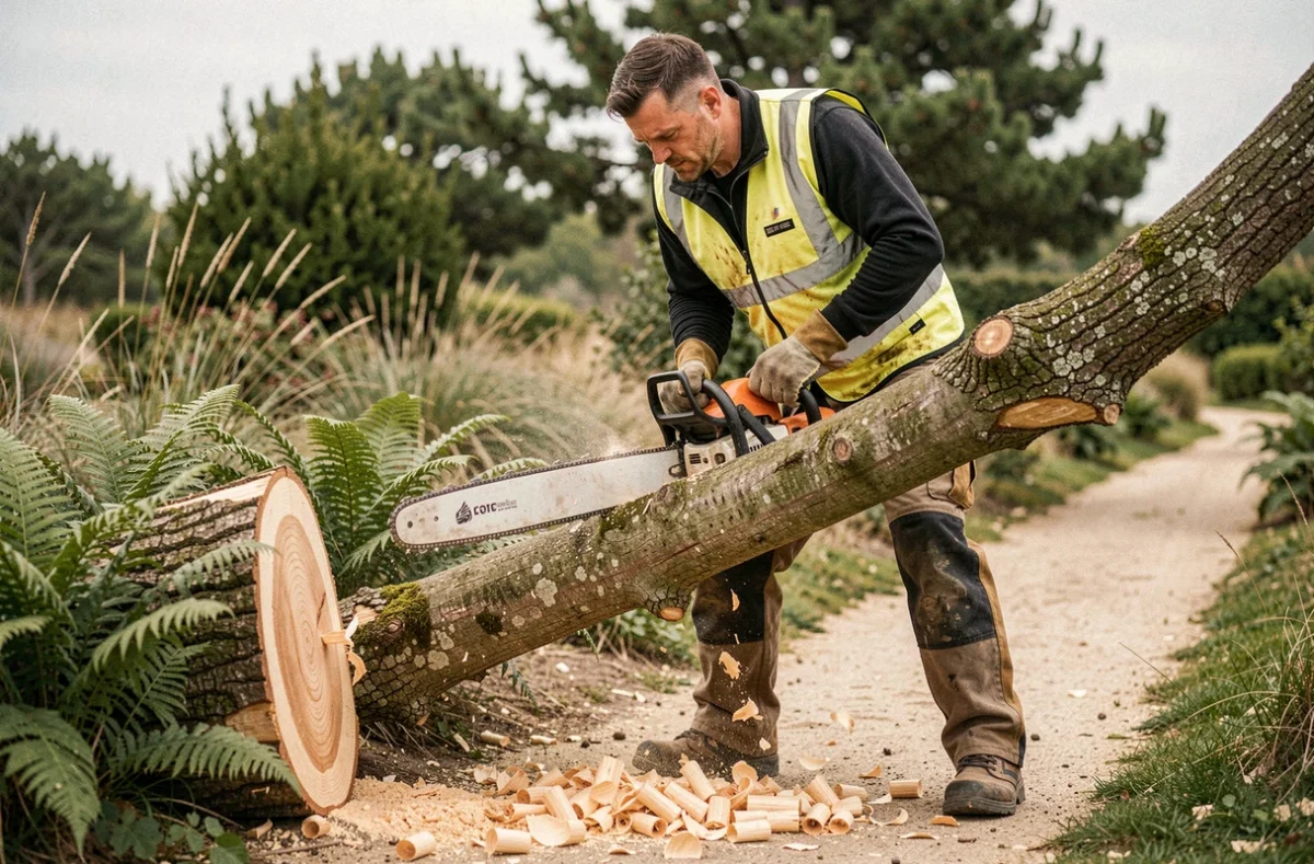 Élagueur utilisant une tronçonneuse professionnelle pour couper une branche de chêne dans un jardin des Landes