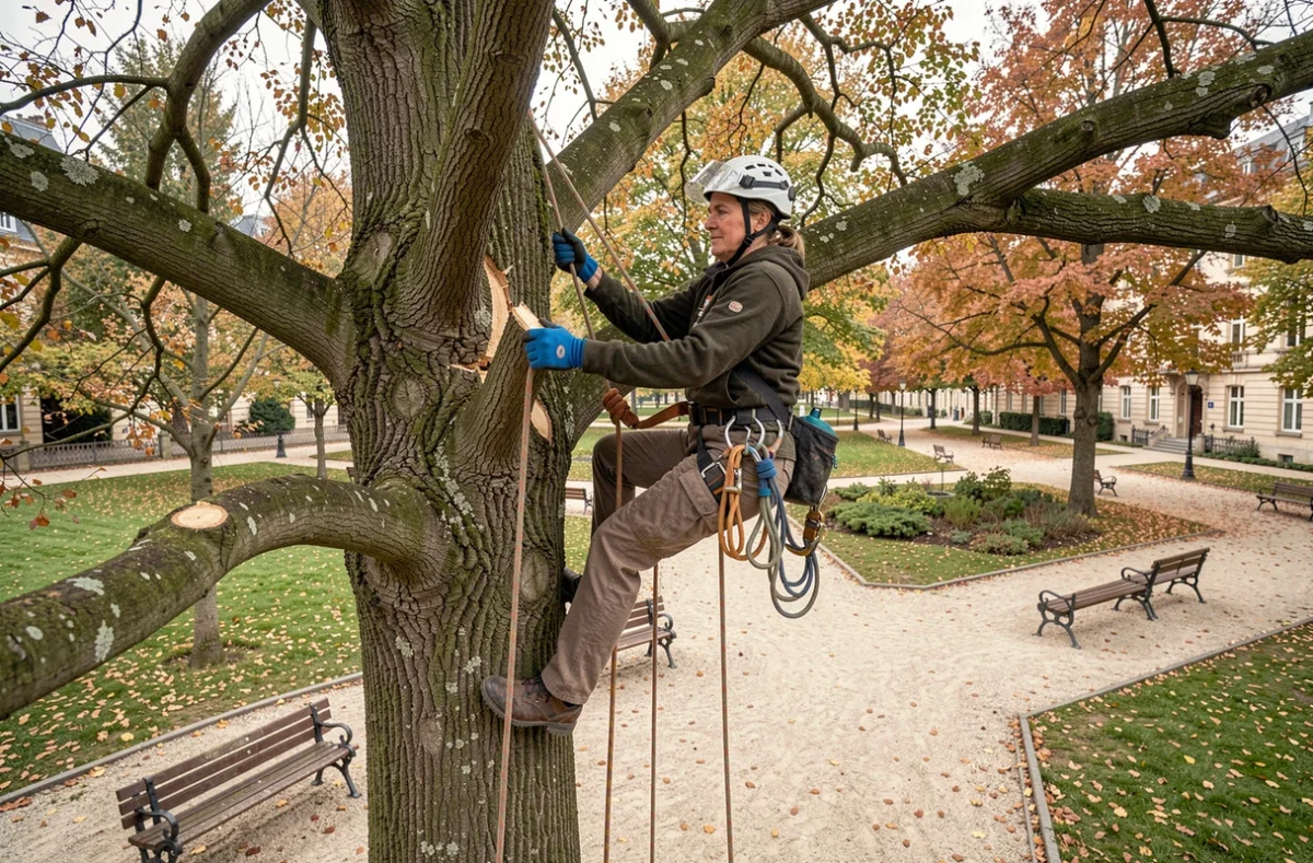 Élagueur professionnelle en hauteur dans un arbre avec équipement de grimpe dans un parc urbain de Metz