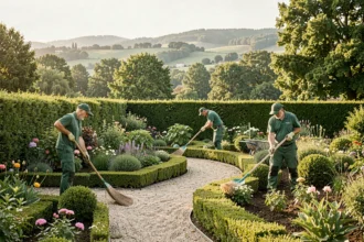 Équipe d'entretien d'espaces verts au travail dans un jardin du département du Rhône