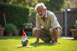 Homme jouant au jeu du nain de jardin dans un jardin français, commettant une erreur de lancer vers la cible