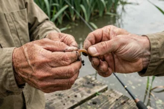 Mains de pêcheur enfilant un ver de terre sur un hameçon au bord d'une rivière calme