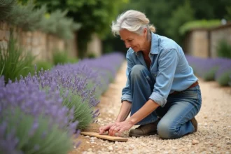 Jardinière mesurant l'espacement entre des plants de lavande dans un jardin provençal avec un sol calcaire