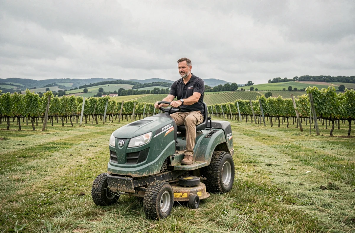 Agent d'Espaces Verts Beaujolais entretenant la pelouse d'un domaine viticole dans les collines du Beaujolais