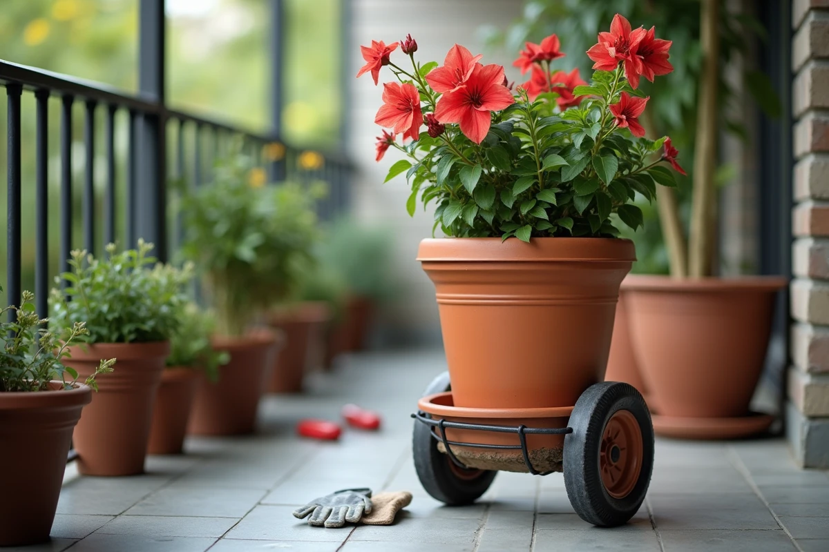 Bougainvillier en pot sur un chariot à roulettes verrouillé sur un balcon abrité, évitant les déplacements fréquents