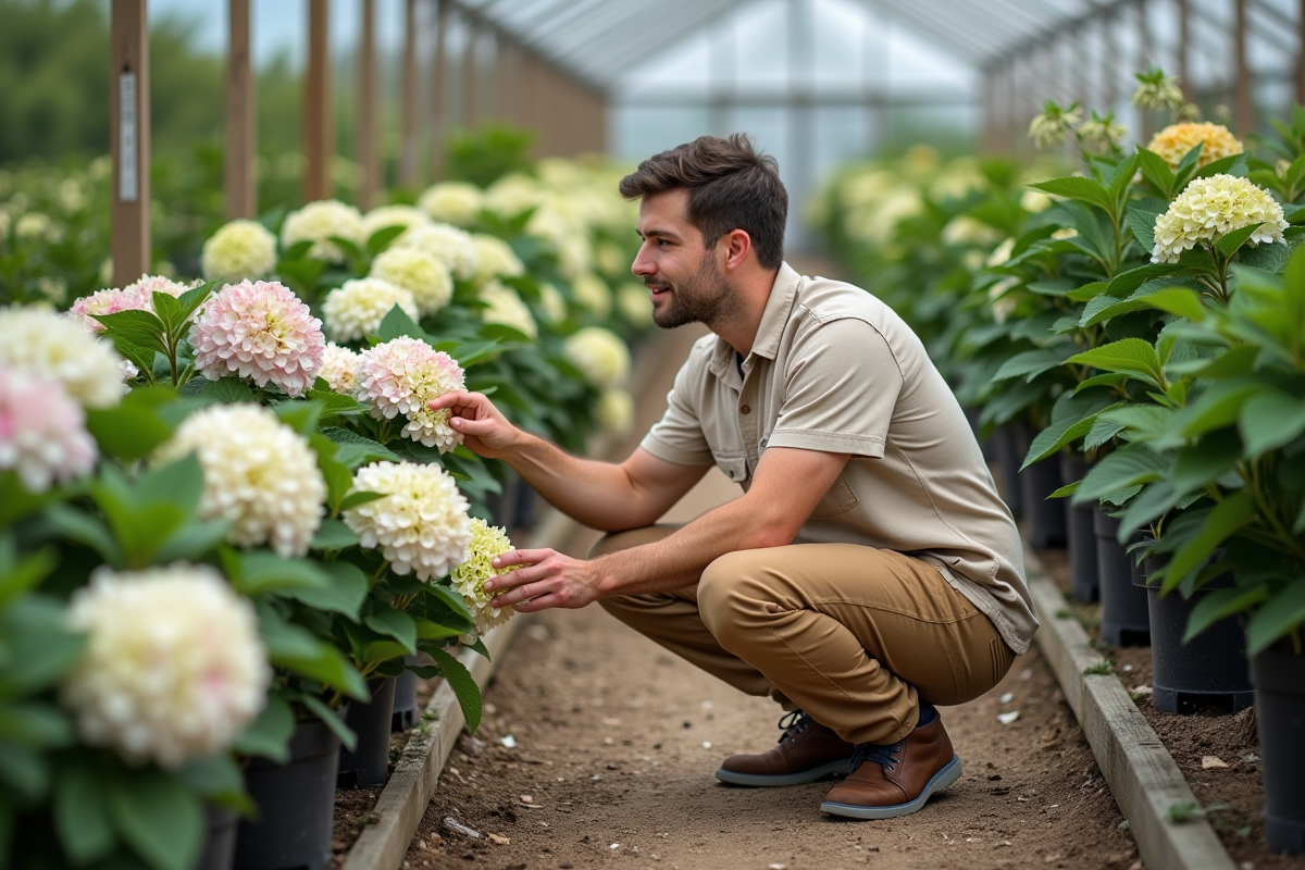 Expert en jardinage montrant des hydrangeas en pépiniere