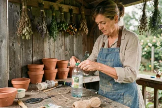 Femme assemblant un piège à guêpes artisanal avec une bouteille plastique recyclée dans un atelier de jardin