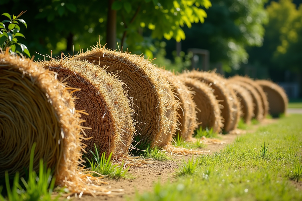 Faisceaux de paille en décomposition au bord d’un jardin vert