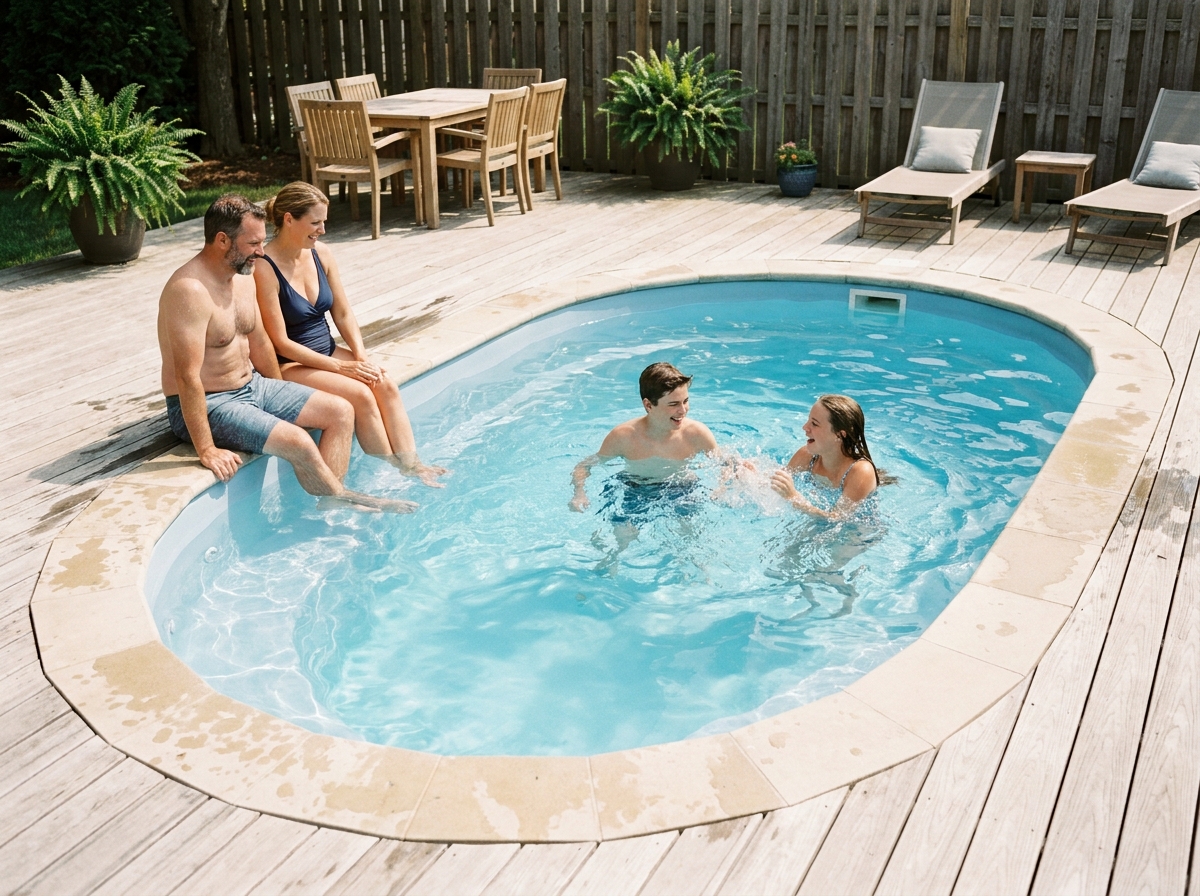 Famille profitant d'une piscine coque polyester dans un jardin privé en été