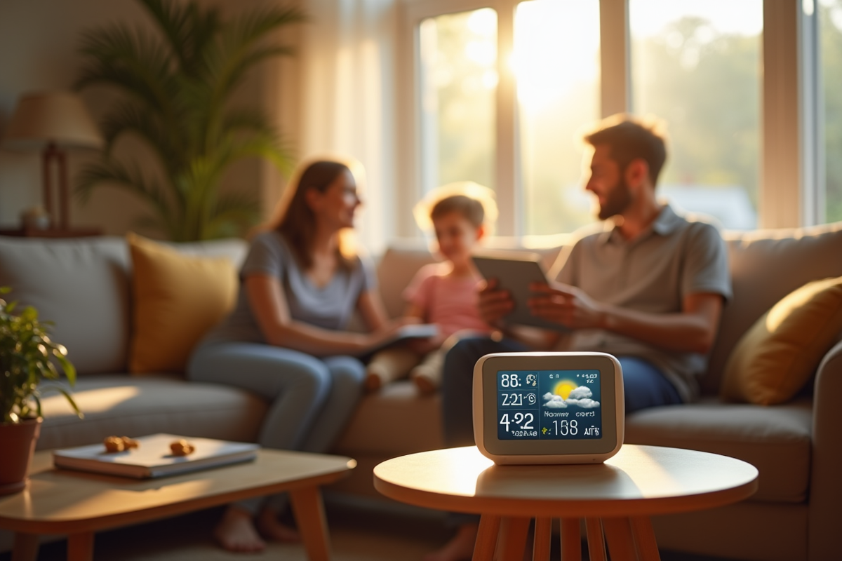 Famille dans le salon avec station météo visible