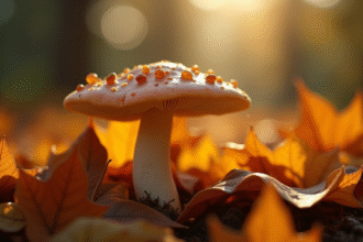 Champignon de fausse chanterelle parmi feuilles mortes en jardin