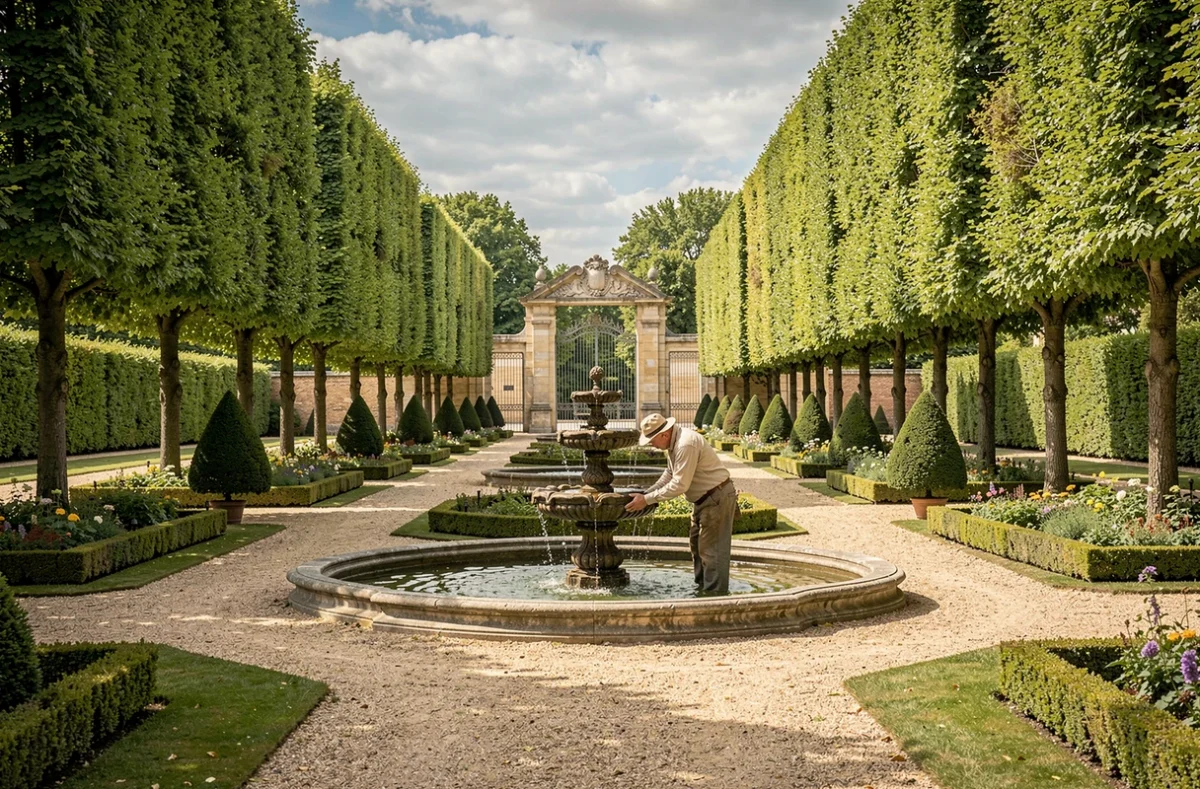 Horticulteur entretenant un parc formel avec topiaires sculptés et parterres fleuris dans le style des jardins classiques du nord de la France pour Félix Brossard Parcs et Jardins.