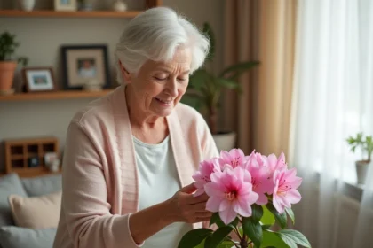 Femme agee arrosant une azalee en pastel dans un salon chaleureux