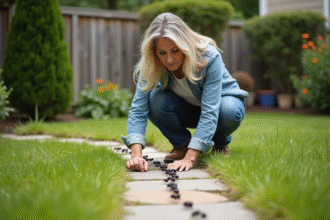 Femme examinant une ligne de fourmis dans son jardin
